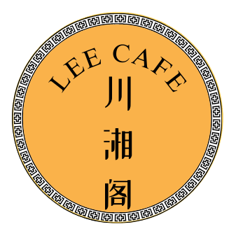 Logo of "Lee Cafe 川湘阁" with a circular design, featuring the English name "LEE CAFE" at the top and Chinese characters "川湘阁" in the center, set against an orange background with a decorative border